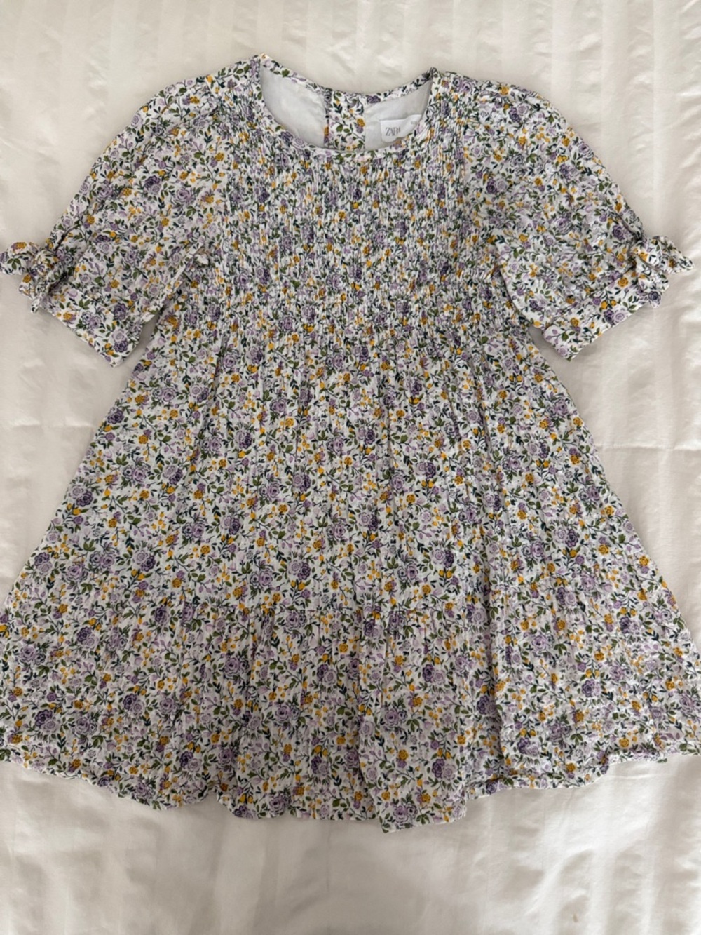 Zara Lavender and Yellow Floral Smocked Short-Sleeve Dress